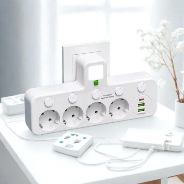 Мережевой фильтр-удлинитель с 4 розетками и USB Type-C, с выключателем и подсветкой