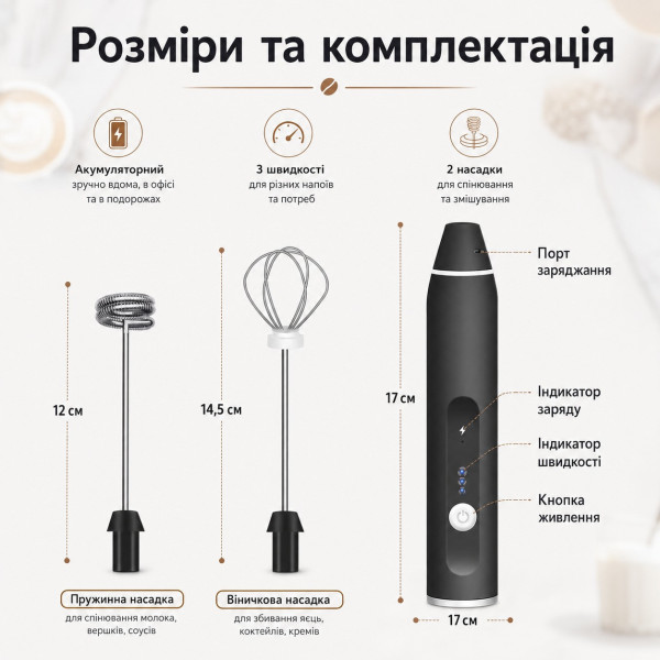 Ручной погружной капучинатор Coffe Mixer 918D с аккумуляторным питанием и двумя насадками для вспенивания моло