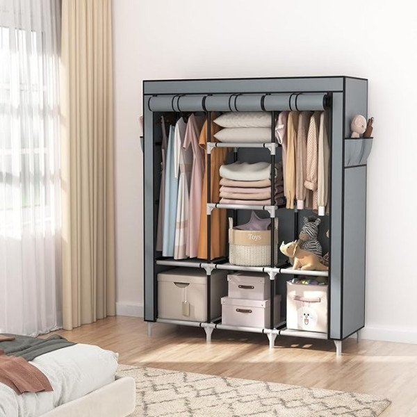Складной тканевый шкаф Storage Wardrobe 88130 с 3 секциями и 8 полками серого цвета для одежды