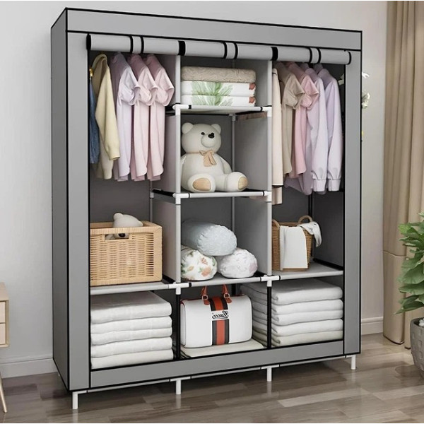 Складной тканевый шкаф Storage Wardrobe 88130 с 3 секциями и 8 полками серого цвета для одежды