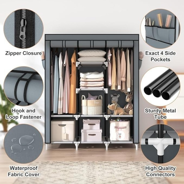 Складной тканевый шкаф Storage Wardrobe 88130 с 3 секциями и 8 полками серого цвета для одежды