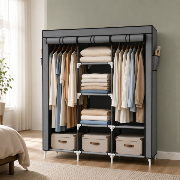 Складной тканевый шкаф Storage Wardrobe 88130 с 3 секциями и 8 полками серого цвета для одежды