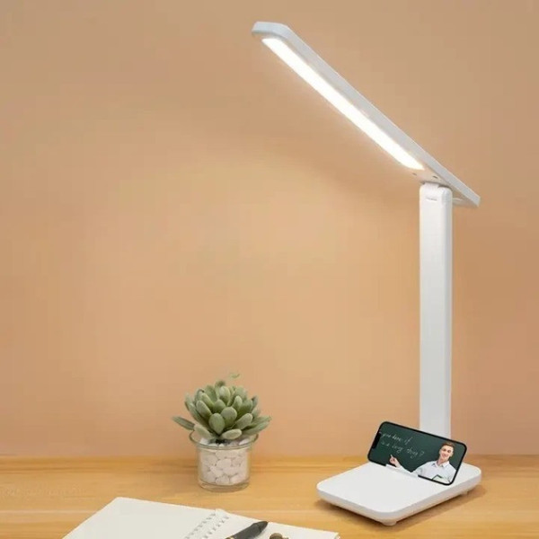 Настольная складная аккумуляторная LED лампа 869-1 с сенсорным выключателем и подставкой для телефона белая
