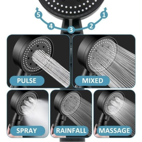 Душевая лейка Water Saving Shower с 5 режимами и кнопкой остановки воды, черная