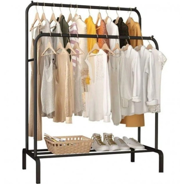 Напольная двойная вешалка Double Floor Hanger с штангами и полкой для обуви на колёсах черная