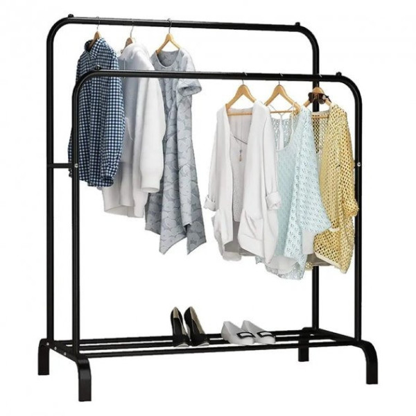 Напольная двойная вешалка Double Floor Hanger с штангами и полкой для обуви на колёсах черная