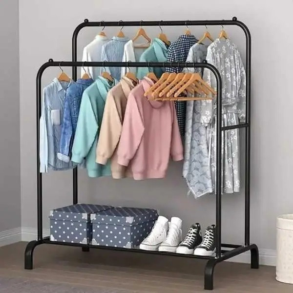 Напольная двойная вешалка Double Floor Hanger с штангами и полкой для обуви на колёсах черная
