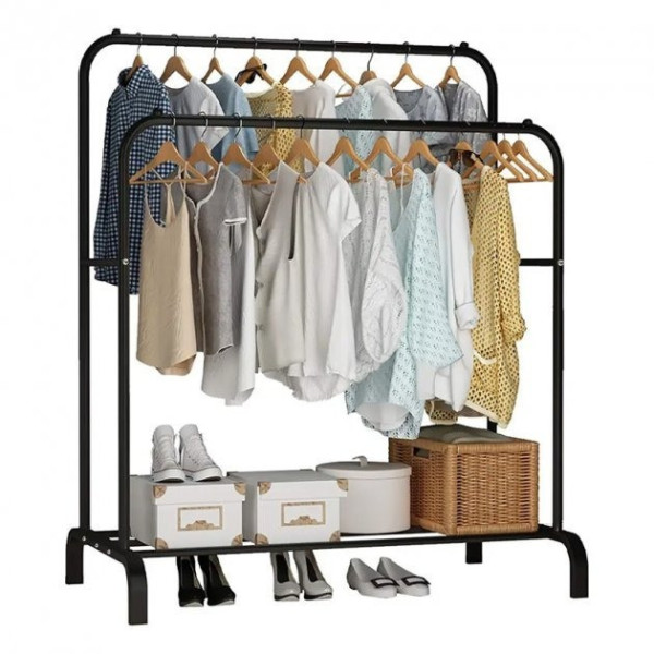 Напольная двойная вешалка Double Floor Hanger с штангами и полкой для обуви на колёсах черная