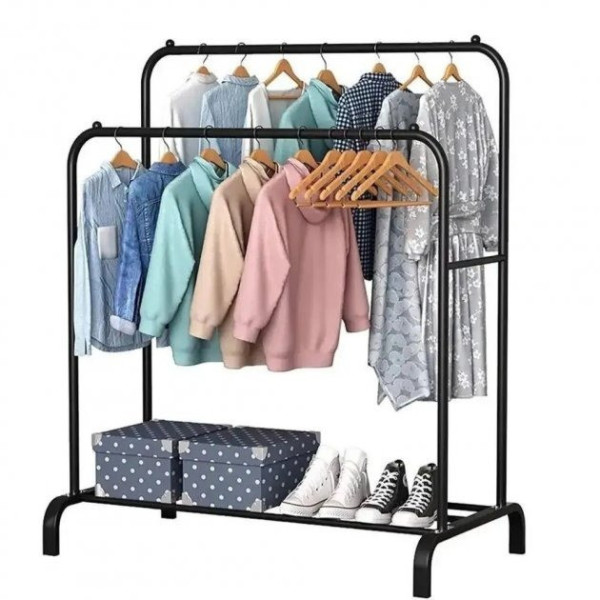 Напольная двойная вешалка Double Floor Hanger с штангами и полкой для обуви на колёсах черная