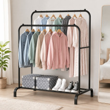 Напольная вешалка для одежды Double Floor Hanger двойная со штангами и полкой для обуви черная