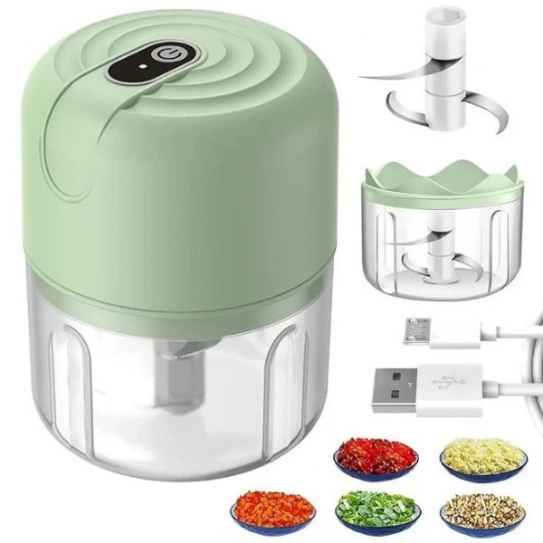 Мини-измельчитель Portable Food Processor 250 мл 80 Вт аккумуляторный USB с ножами из нержавеющей стали зеленый