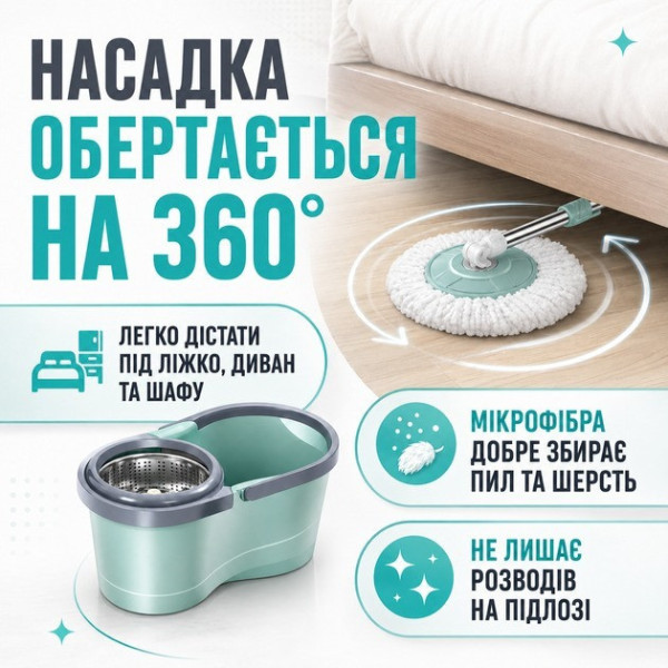 Швабра Turbo 360 AND417-22 с ведром 10 л и автоматическим отжимом, набор для уборки