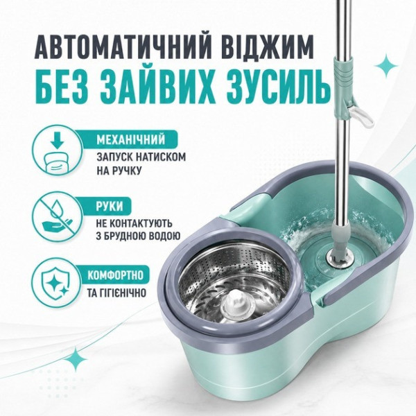 Швабра Turbo 360 AND417-22 с ведром 10 л и автоматическим отжимом, набор для уборки