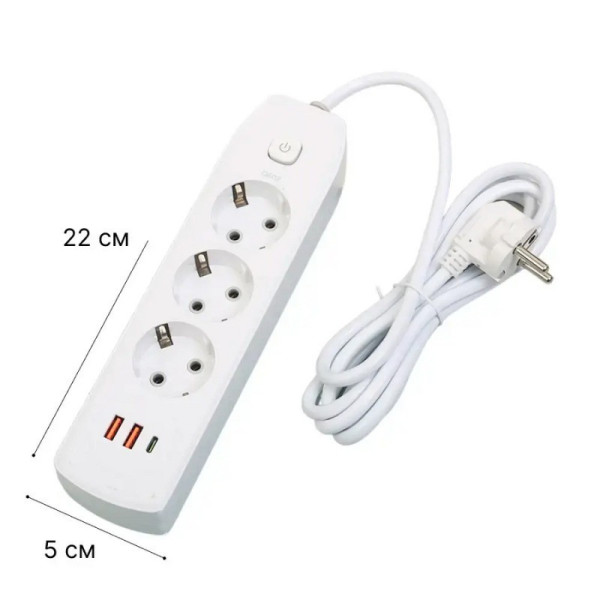 Мережевой фильтр-подовжитель AND-16-20 с 3 розетками, 2 USB Type-C, быстрая зарядка, выключатель, заземление