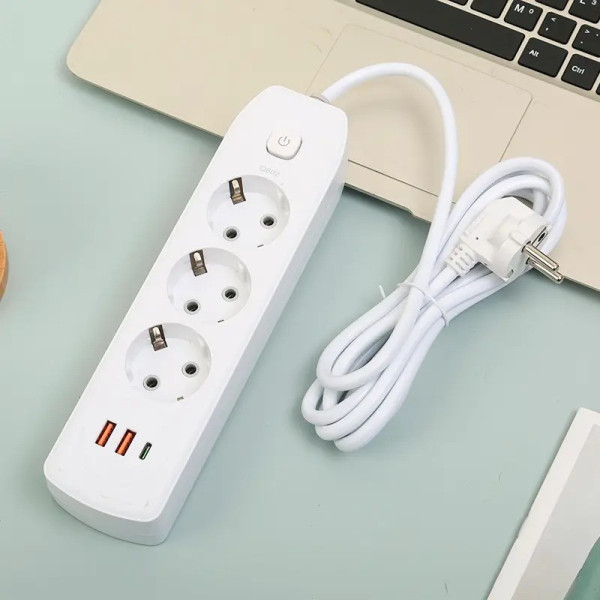 Мережевой фильтр-подовжитель AND-16-20 с 3 розетками, 2 USB Type-C, быстрая зарядка, выключатель, заземление