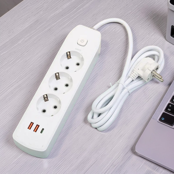 Мережевой фильтр-подовжитель AND-16-20 с 3 розетками, 2 USB Type-C, быстрая зарядка, выключатель, заземление