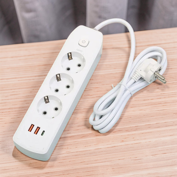 Мережевой фильтр-подовжитель AND-16-20 с 3 розетками, 2 USB Type-C, быстрая зарядка, выключатель, заземление