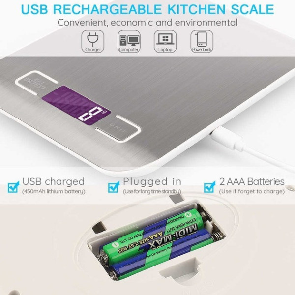 Цифровые кухонные весы AND906 электронные с LCD дисплеем USB аккумулятором и батарейным питанием