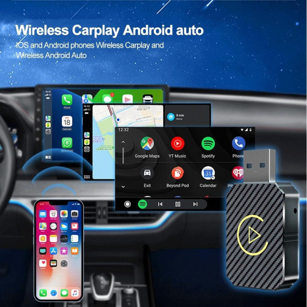 Адаптер CarPlay Android Auto с беспроводным подключением USB Type C Bluetooth WiFi для автомобиля черный