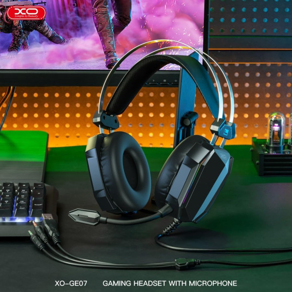 Игровая проводная гарнитура XO GE-07 с микрофоном, USB Type-A, AUX 3.5 мм и подсветкой, черная
