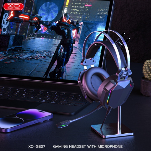 Игровая проводная гарнитура XO GE-07 с микрофоном, USB Type-A, AUX 3.5 мм и подсветкой, черная