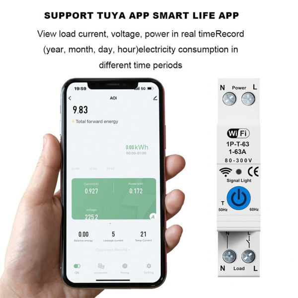 Автоматический выключатель с защитой DL-506 63A Wi-Fi с учётом энергии Tuya Life для DIN-рейки