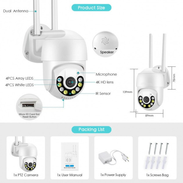 Уличная поворотная IP камера 15A-PTZ 4Mp с WiFi и 4G, ночная съёмка, управление через приложение ICSEE