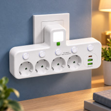 Мережевой фильтр-удлинитель с 4 розетками и USB Type-C, с выключателем и подсветкой