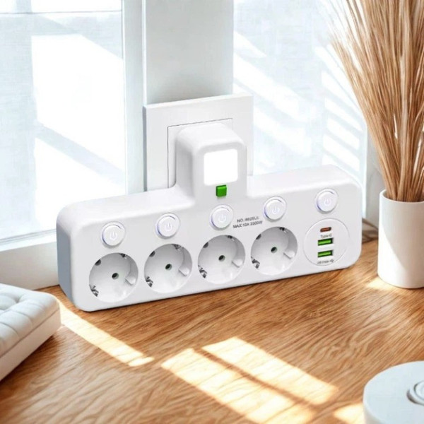 Мережевой фильтр-удлинитель с 4 розетками и USB Type-C, с выключателем и подсветкой