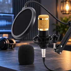 Студийный вокальный конденсаторный микрофон Music M-800 с поп-фильтром, стойкой и защитой от ветра