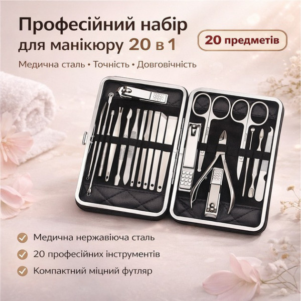 Набор для маникюра и педикюра Abody 20 предметов, инструменты из нержавеющей стали в кейсе
