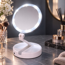 Настольное косметическое зеркало My Fold Away с LED подсветкой, белое, складное, USB питание, круглое, с подст