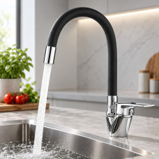 Кухонный смеситель Rubineta Flexy 33 BK с гибким изливом, черный с хромированными элементами