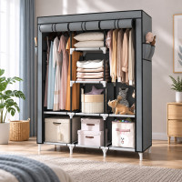 Складной тканевый шкаф Storage Wardrobe 88130 с 3 секциями и 8 полками серого цвета для одежды