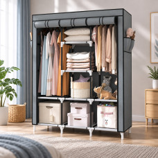 Складной тканевый шкаф Storage Wardrobe 88130 с 3 секциями и 8 полками серого цвета для одежды