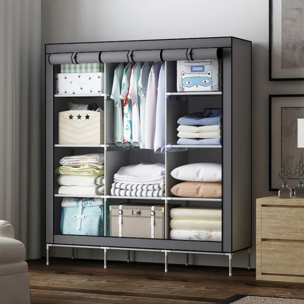Складной тканевый шкаф Storage Wardrobe 88130 с 3 секциями и 8 полками серого цвета для одежды