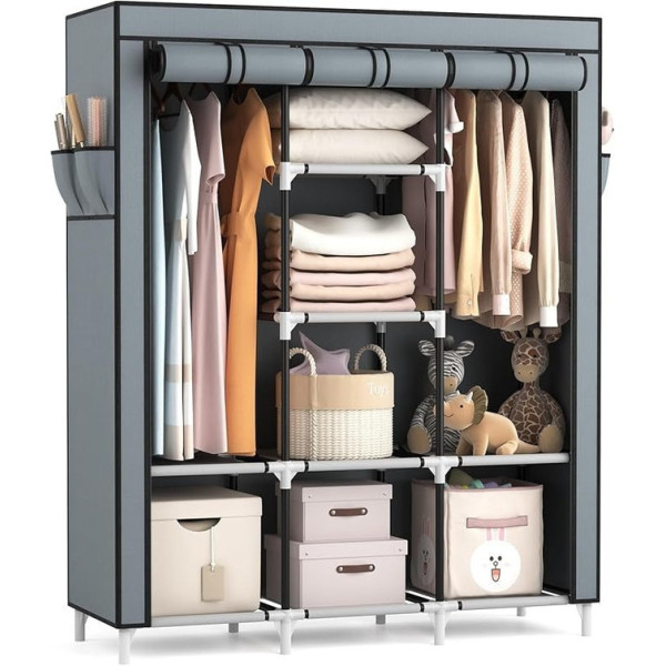 Складной тканевый шкаф Storage Wardrobe 88130 с 3 секциями и 8 полками серого цвета для одежды