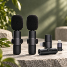 Петличный конденсаторный микрофон K9+ Wireless Lavalier с беспроводным подключением и переходниками Lightning