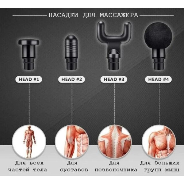 Ручной портативный вибромассажер Fascial Gun HF-280 с 4 насадками для антицеллюлитного и разминающего массажа