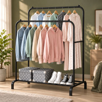 Напольная двойная вешалка Double Floor Hanger с штангами и полкой для обуви на колёсах черная