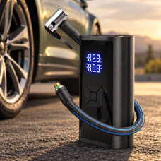 Однопоршневой аккумуляторный компрессор с LED дисплеем, фонариком и Power Bank 6000mAh, 12 В