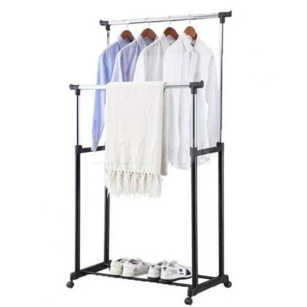 Телескопическая напольная двойная стойка для одежды Double Pole Clothers Horse на колёсах
