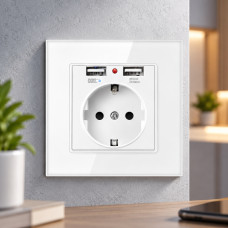 Розетка WH034W SIXWGH с тремя разъёмами, двумя USB-портами и заземлением для встраиваемой установки