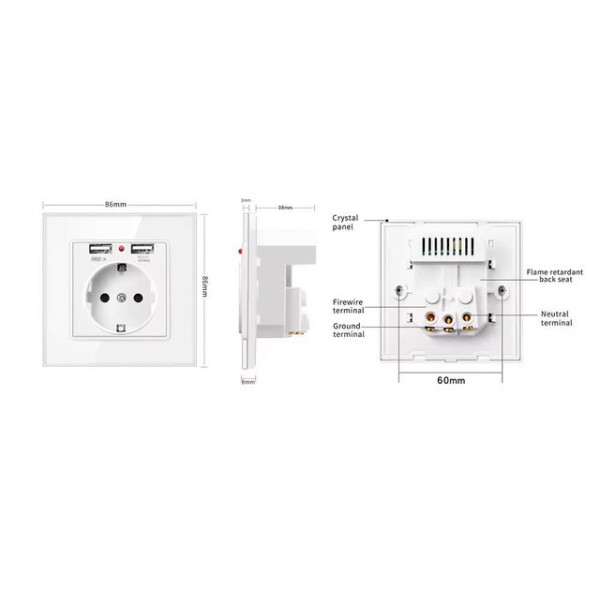 Розетка WH034W SIXWGH с тремя разъёмами, двумя USB-портами и заземлением для встраиваемой установки