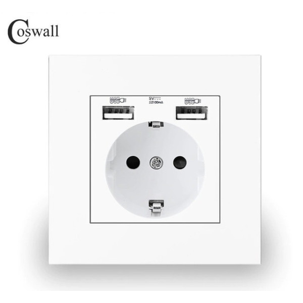 Розетка Coswall с заземлением и двумя USB-гнездами, встроенная, пластиковая белая, 3 разъема