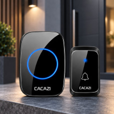 Беспроводной дверной звонок Cacazi с 38 мелодиями, питание от батареек, черный корпус, регулировка громкости