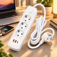 Мережевой фильтр-подовжитель AND-16-20 с 3 розетками, 2 USB Type-C, быстрая зарядка, выключатель, заземление