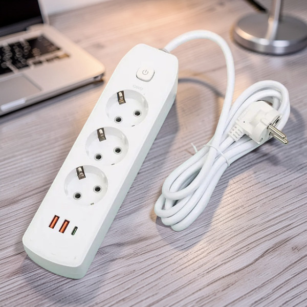 Мережевой фильтр-подовжитель AND-16-20 с 3 розетками, 2 USB Type-C, быстрая зарядка, выключатель, заземление