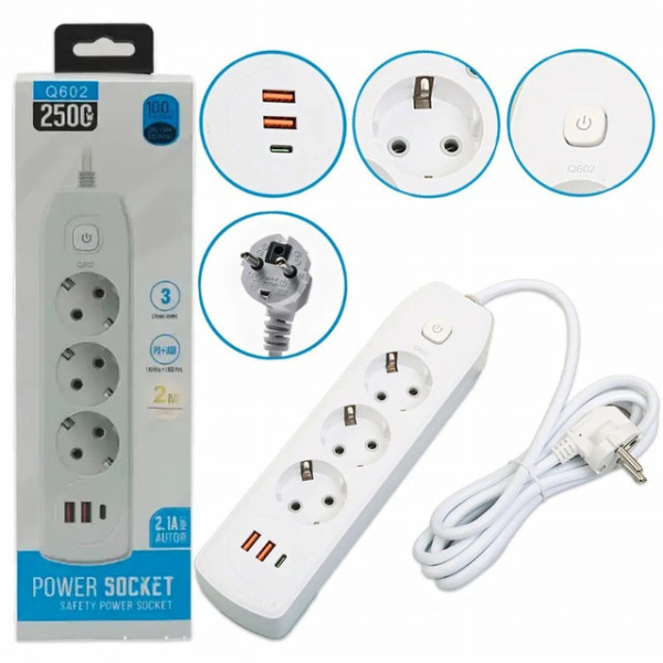 Мережевой фильтр-подовжитель AND-16-20 с 3 розетками, 2 USB Type-C, быстрая зарядка, выключатель, заземление