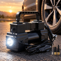 Автомобильный портативный компрессор с цифровым дисплеем, LED-фонариком и автоотключением для шин и мячей 12 В